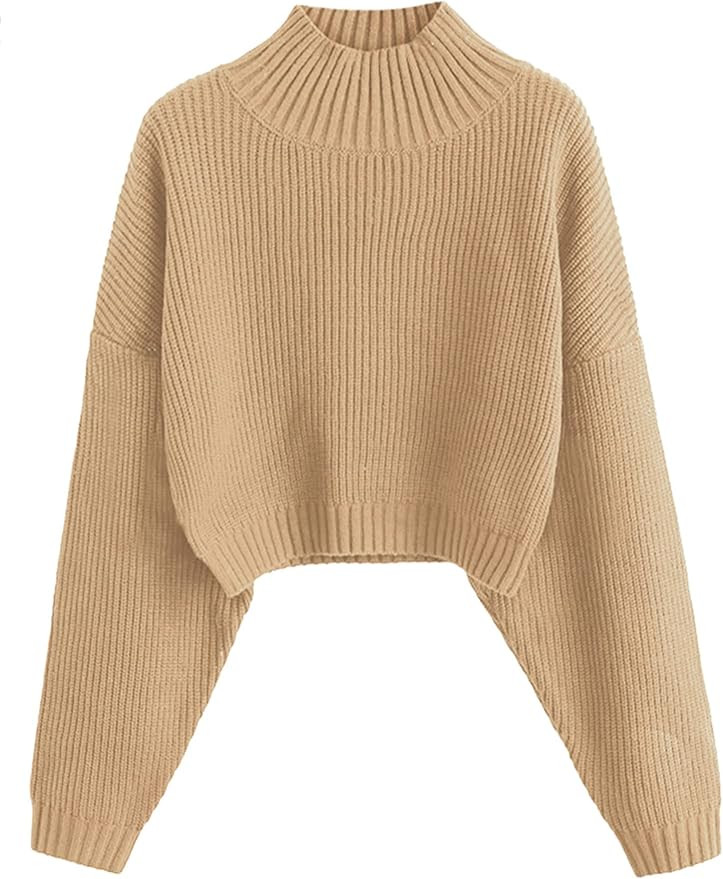 ZAFUL Women's Cropped Turtleneck Sweater Lantern Sleeve Ribbed Knit Pullover Sweater Jumper | Amazon (US)