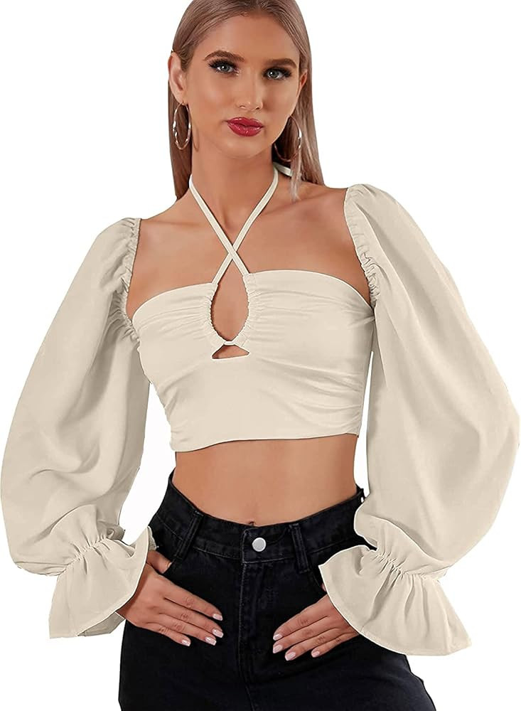 SOFIA'S CHOICE Women's Lantern Sleeve Drawstring Hollow Out Tops Tie Up Back Crop Top Blouse | Amazon (US)