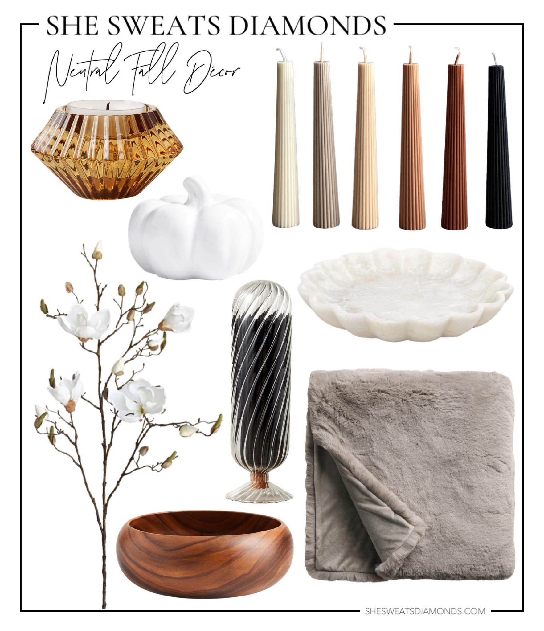 Neutral fall decor — White ceramic pumpkin, neutral ribbed taper candles, faux magnolia stems, wooden bowl, grey faux fur throw, marble catch all tray, brown glass candle holder 

#LTKhome #LTKunder100 #LTKSeasonal