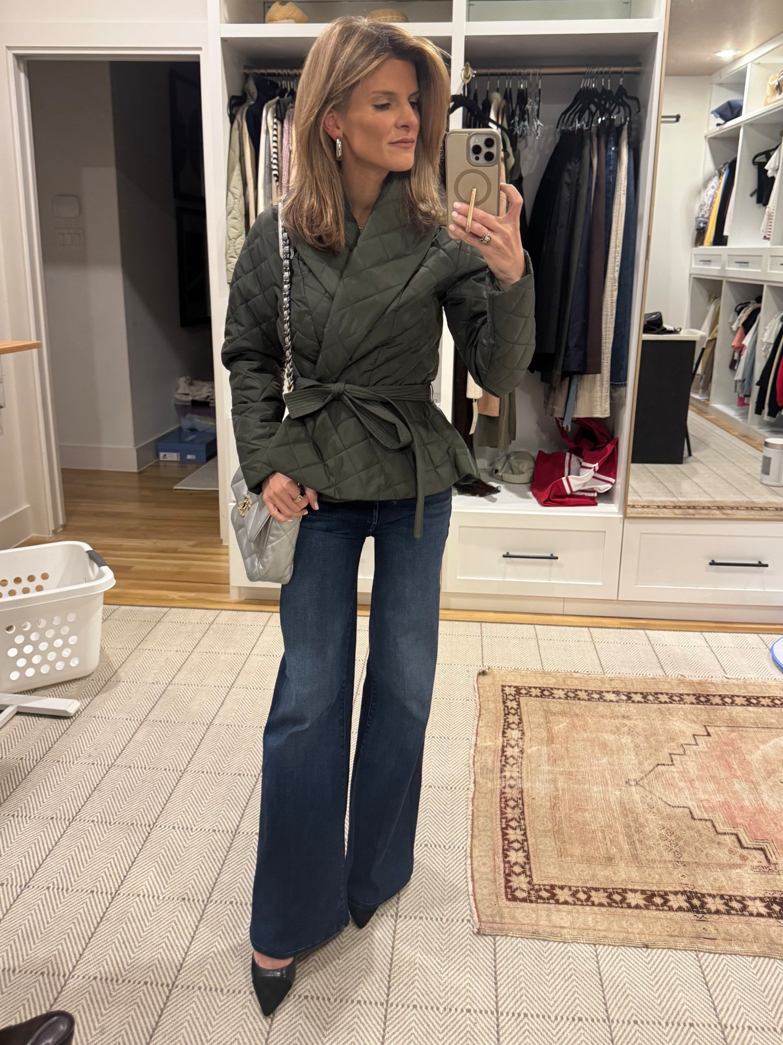 Mother hustler roller sneak high rise - for is TTS, I had to get them hemmed. Wearing size 24. There is stretch! 

Jacket - wearing size XS