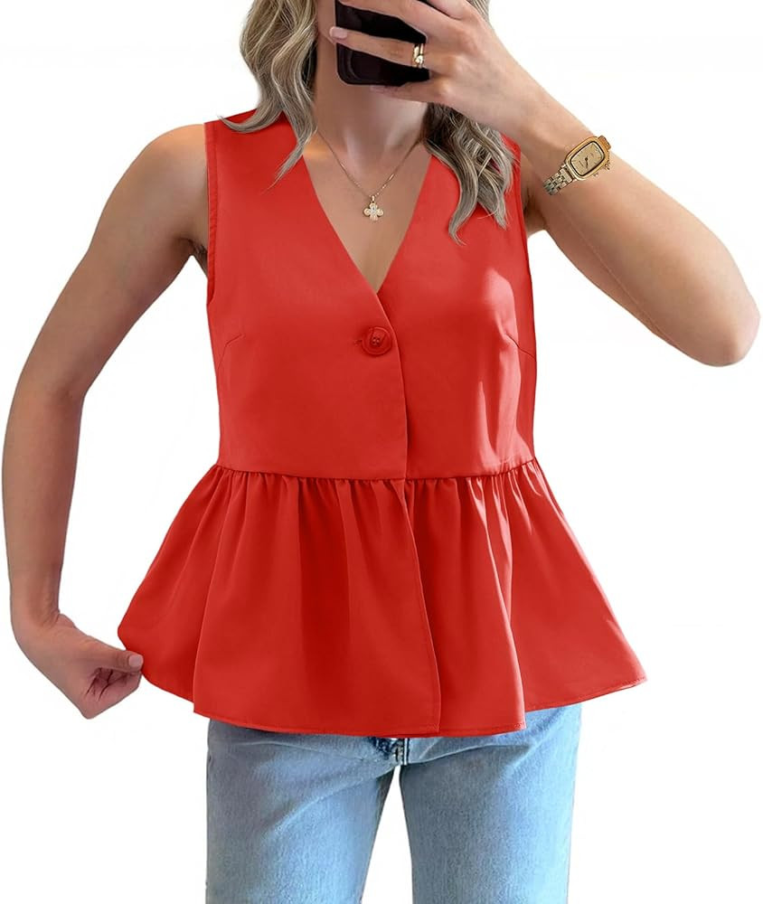 Tankaneo Womens V Neck Babydoll Tank Tops Peplum Ruffle Hem Sleeveless Shirts Summer Casual Butto... | Amazon (US)