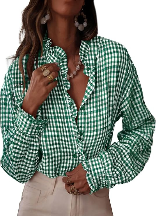 Astylish Womens Plaid Ruffle V Neck Button Down Blouse Casual Long Sleeve Gingham Trendy Tops Wor... | Amazon (US)