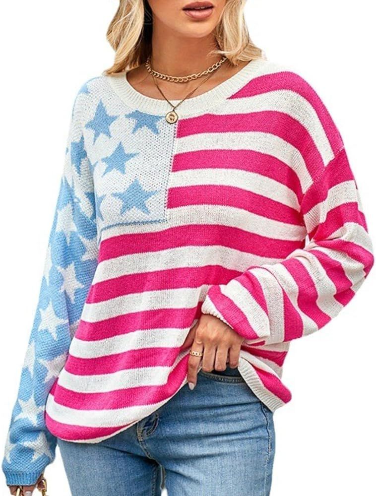 WEIIYONN Women's Color Block Sweater American Flag Striped Star Graphic Knitwear for Women Crewne... | Amazon (US)