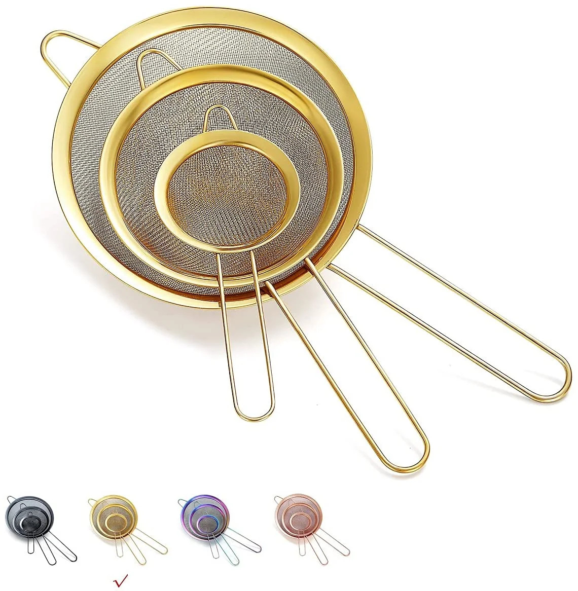 ReaNea Gold Fine Mesh Strainer 3 Pieces Set, Golden Flour Sifter for Baking, Stainless Steel Clan... | Walmart (US)