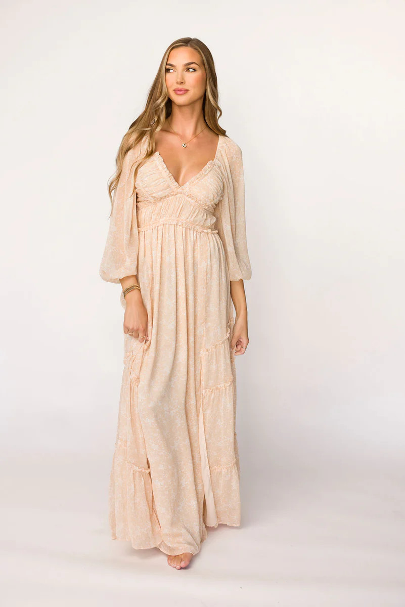 Daphne Long Sleeve Maxi Dress in Light Beige/White Floral - Bump Frien | Worth Collective