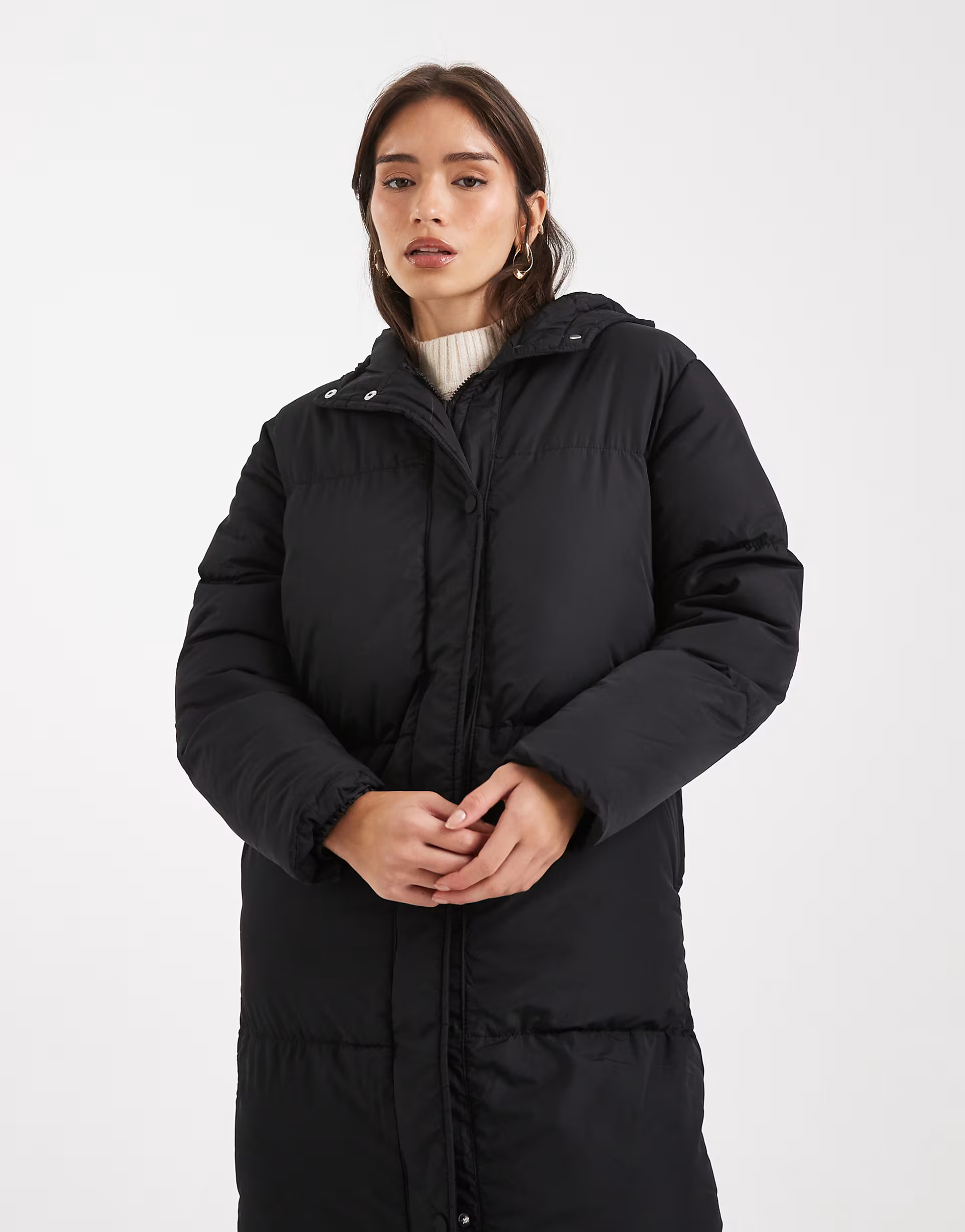 Threadbare maxi puffer coat with hood in black | ASOS (Global)