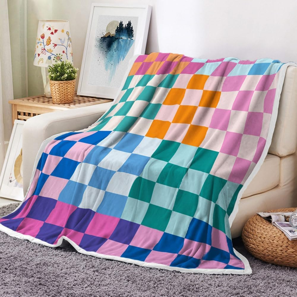 Checkerboard Grid Pattern Throw Blanket, Colorful Checkered Retro Soft Warm Cozy Plush Comfy Blan... | Amazon (US)