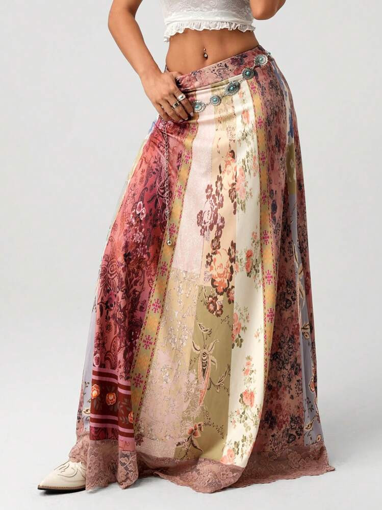SHEIN ICON Women's Vintage Patchwork Print A-Line Hem Casual Lace Patchwork Long Skirt








4.... | SHEIN