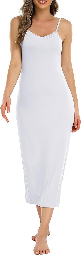 Vlazom Long Slip Dress for Women, Basic Adjustable Spaghetti Straps Cami Slip Dress Soft V Neck N... | Amazon (US)
