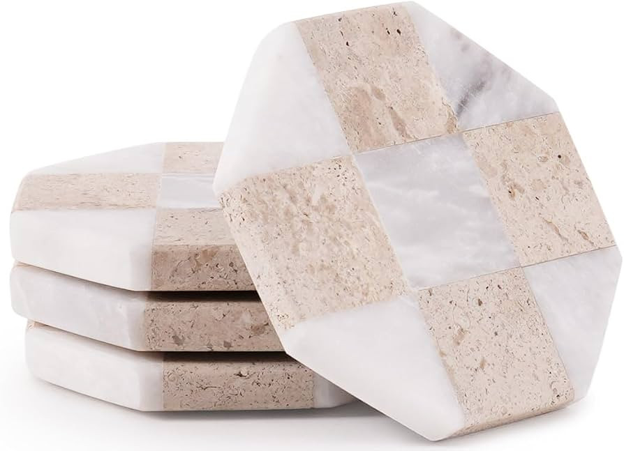 Handmade Marble Coasters Set of 4, 4” Travertine & White Matt Natural Stone Drink Coasters, Ele... | Amazon (UK)