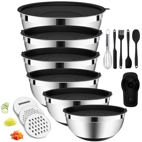 20-Piece Mixing Bowls Set with Airtight Lids – 6 Stainless Steel Kitchen Bowls (4.5QT, 4QT, 3.5QT, 2.1QT, 1.5QT, 1.1QT), 3 Grater Attachments, Non-Slip Silicone Bottoms, Perfect for Baking & Serving | Amazon (US)