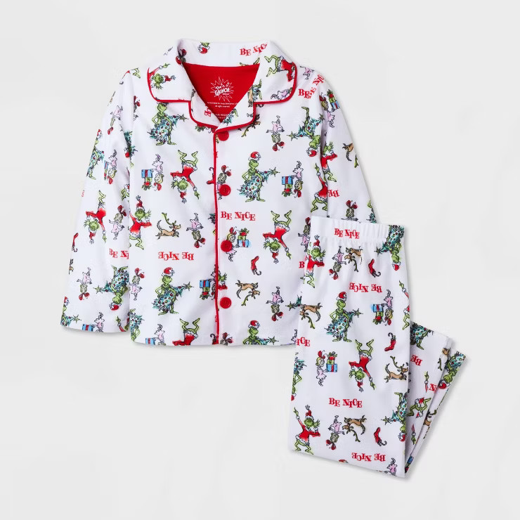 Toddler Boys' Dr. Seuss 'Grinch Be Nice' Coat Pajama Set - White | Target