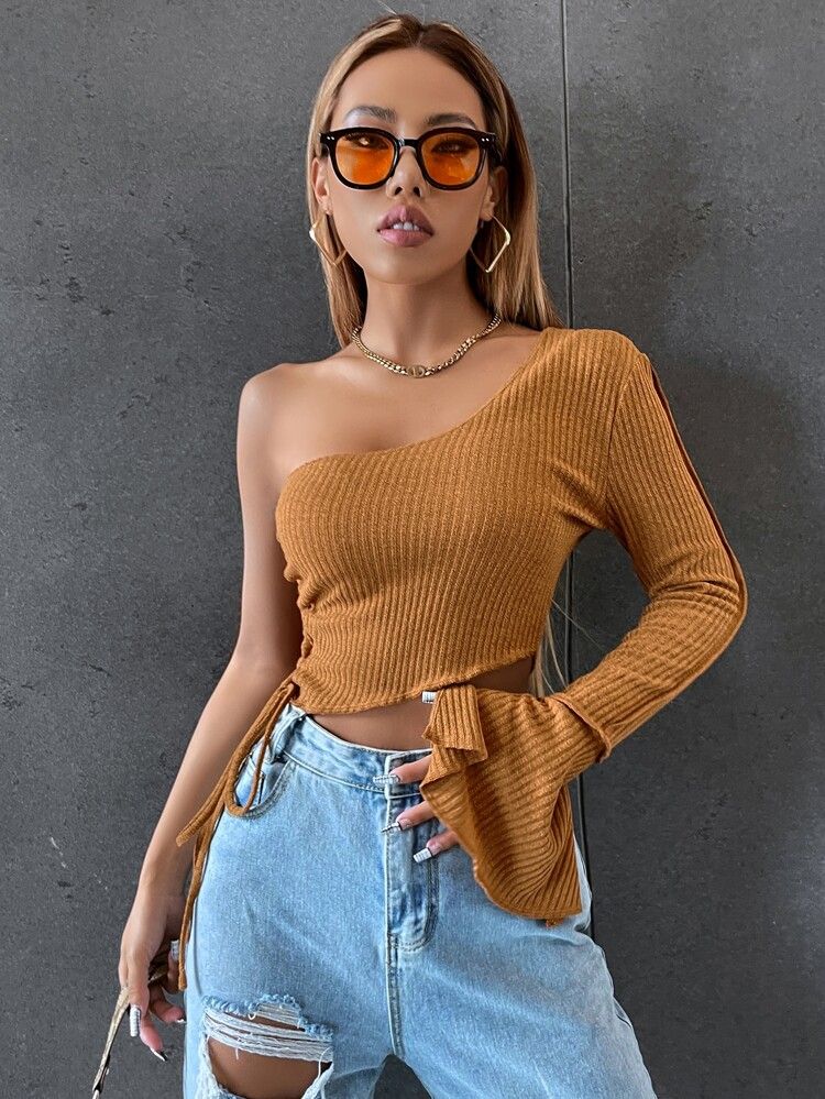 One Shoulder Lace Up Side Crop Tee | SHEIN