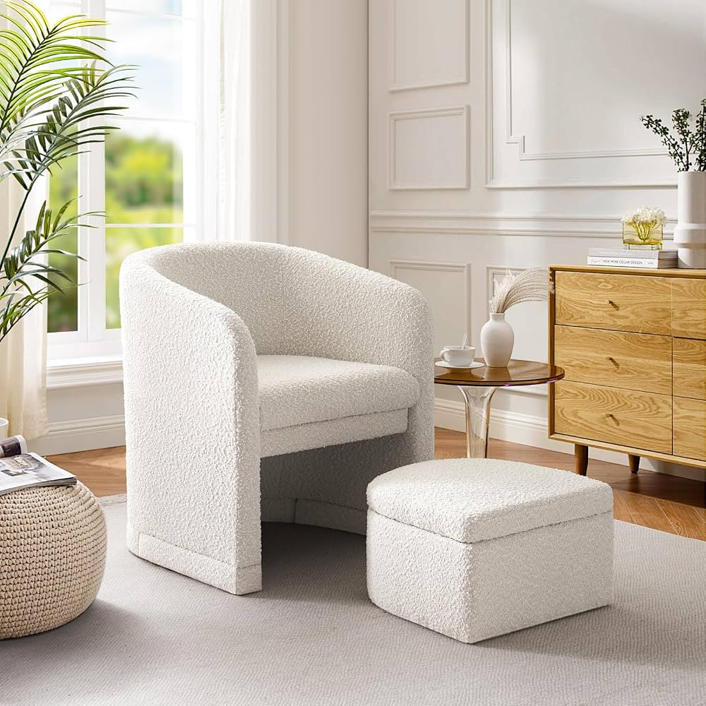 ELUCHANG White Accent Chair with Storage Ottoman, Upholstered Barrel Arm Chair with Footrest, Mod... | Amazon (US)