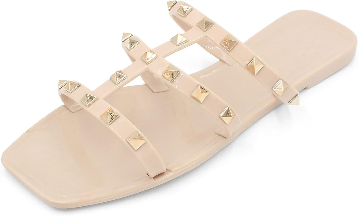 LAVRA Womens Studded Slide Sandals PVC Flat Flip Flop Jelly Shoes Nude | Amazon (US)
