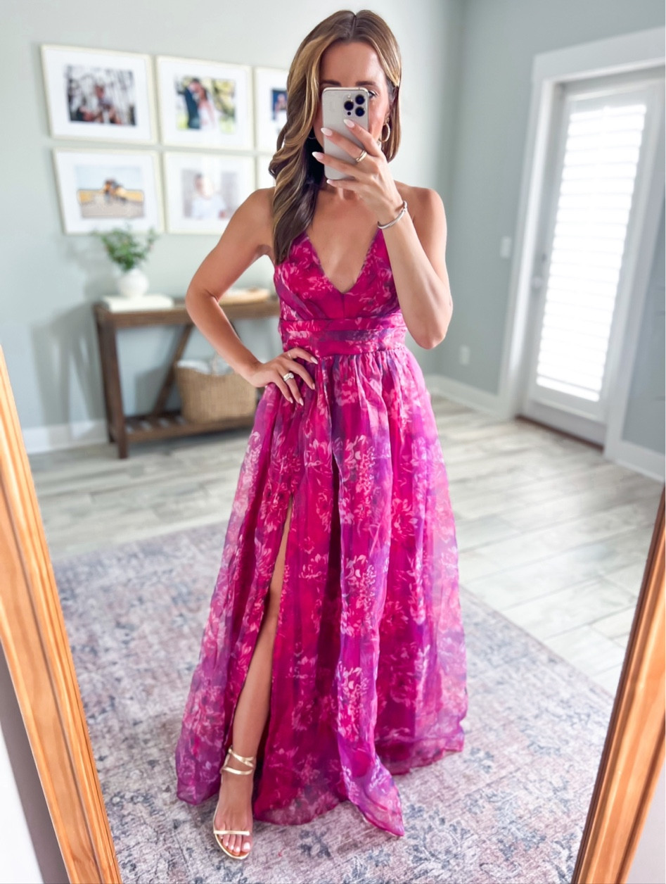 fitted lace wedding dress Caroline Garden Romance Magenta Floral Print Maxi Dress