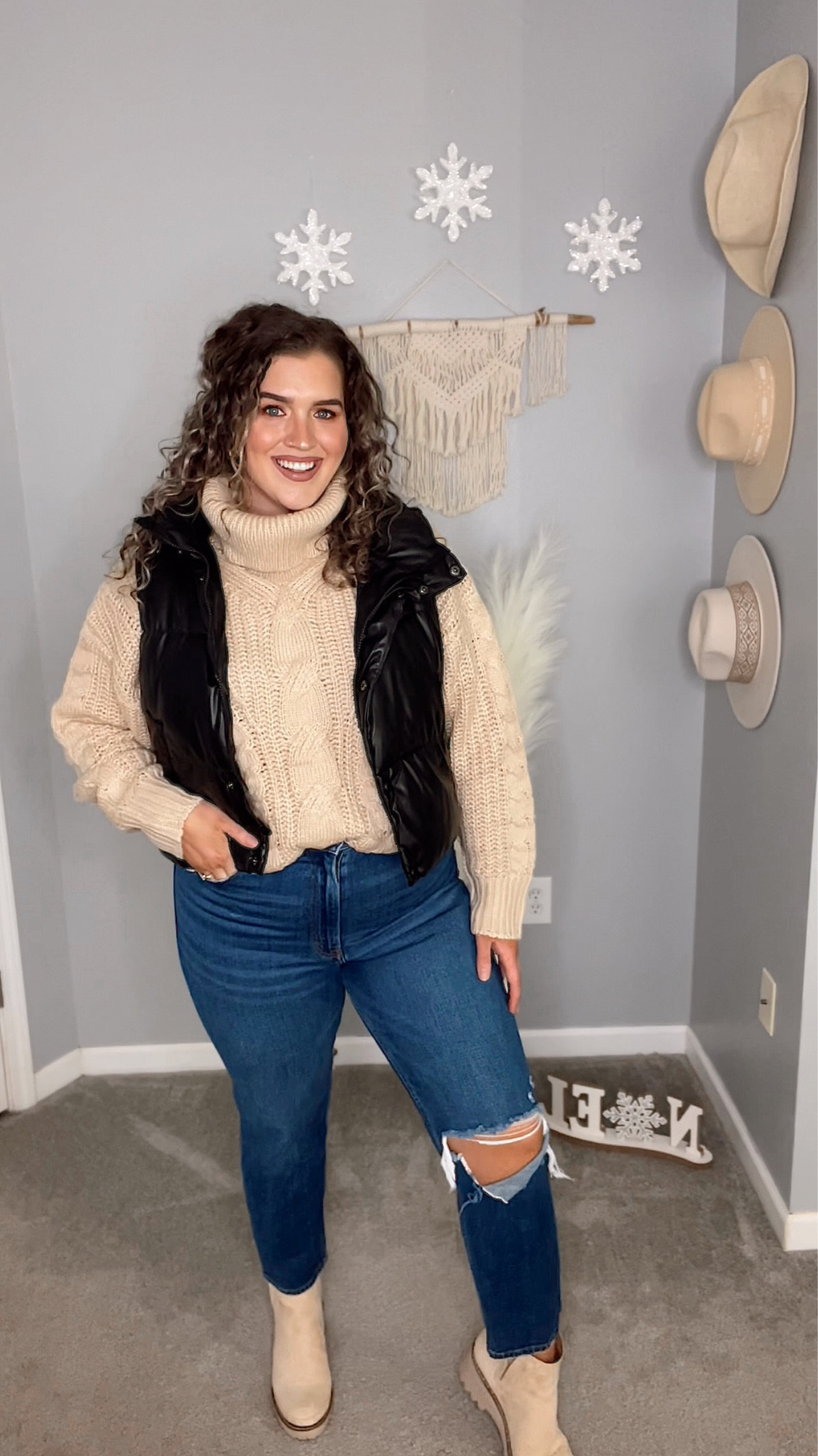 Midsize Fall to Winter transition outfit 🌾❄️ Dark wash denim, turtleneck chunky sweater, puffer vest and Chelsea boots
Sweater: L 
Vest: L 
Jeans: 31R 
#midsizeoutfits #ootd #fallfashion #winterfashion #winteroutfit #layeringoutfit #sweater #turtleneck #affordableoutfit #cableknit #vest #jeans #denim #curvydenim #curvelove #styleinspo 

#LTKSeasonal #LTKHoliday #LTKcurves