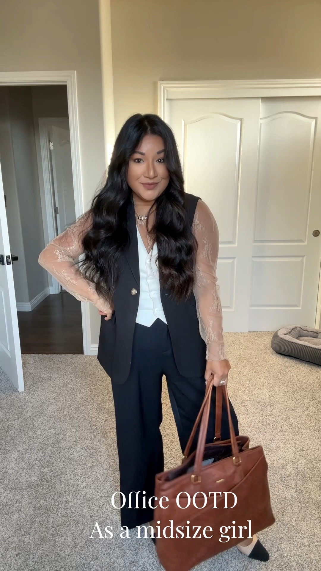 Lace Top- in large , fits true to size 

White Vest Top - added similar one 

Black vest - Large , fits true to size 

Black pants - Large , short length in thin material , fits true to size 

Slingback Heels- size 8 , comfortable and fits true to size 

Work bag - large , durable 


#LTKWorkwear #LTKMidsize #LTKootd