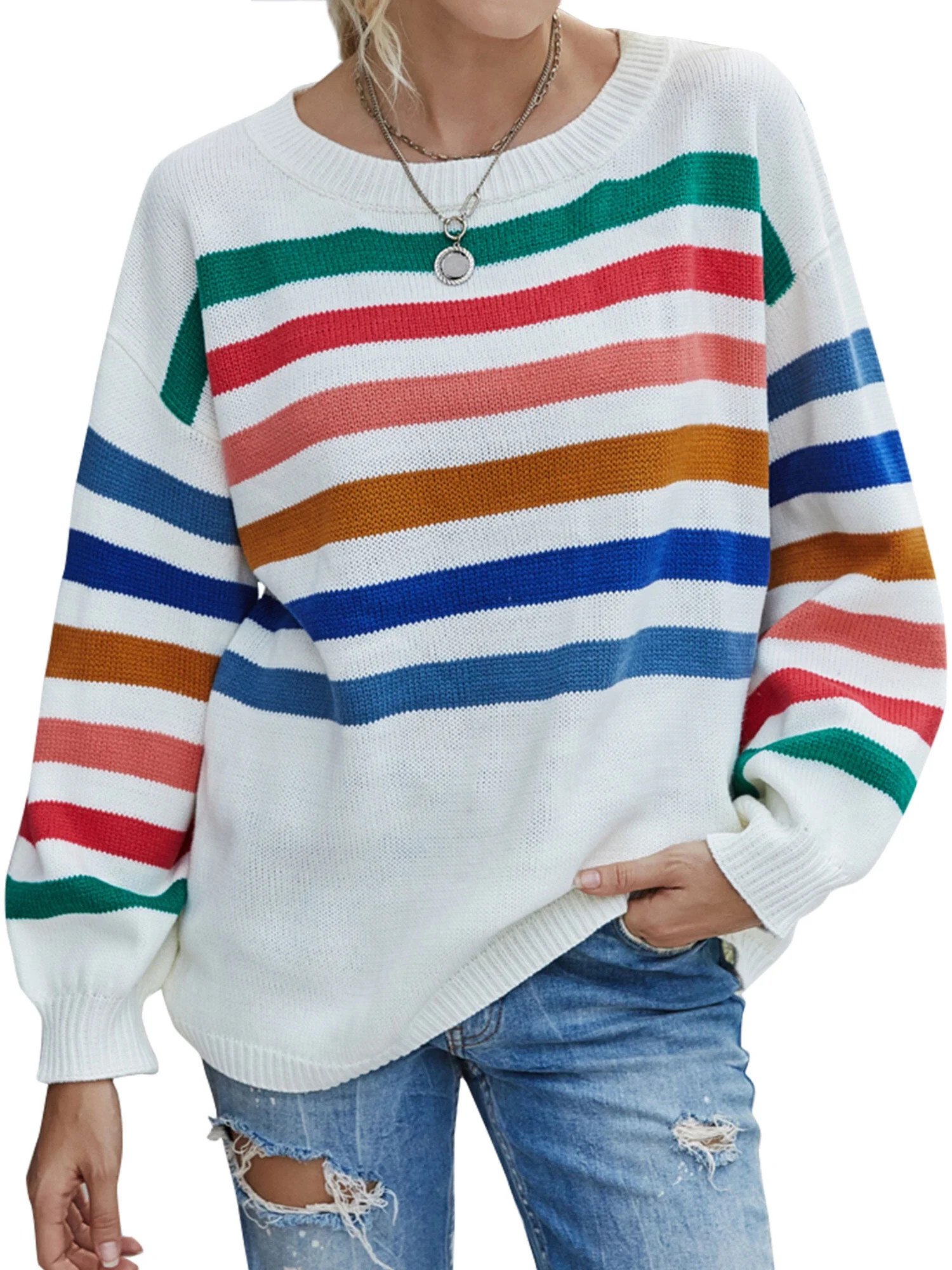 STARVNC Women Crew Neck Long Sleeve Striped Printed Color Block Sweater | Walmart (US)