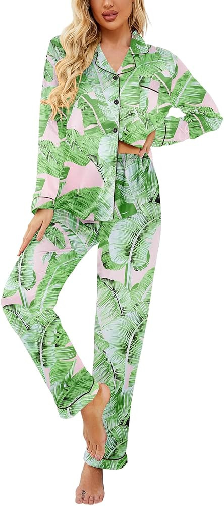Ekouaer Womens Satin Pajama Set Classic Pattern Silky Pj Sets Button Down Sleepwear Loungewear | Amazon (US)