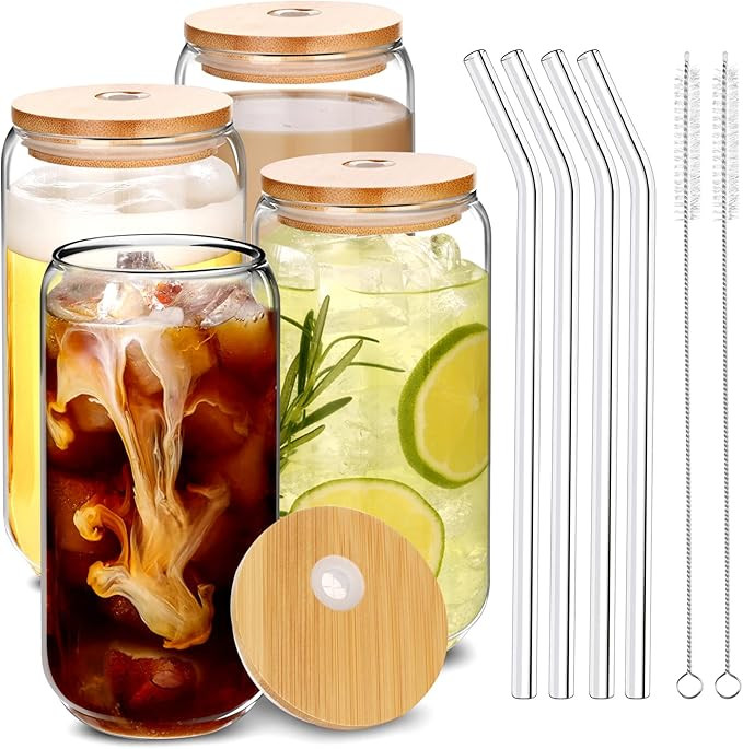 Drinking Glasses with Bamboo Lids and Glass Straw 4pcs Set - 16oz Can Shaped Glass Cups, Iced Cof... | Amazon (US)