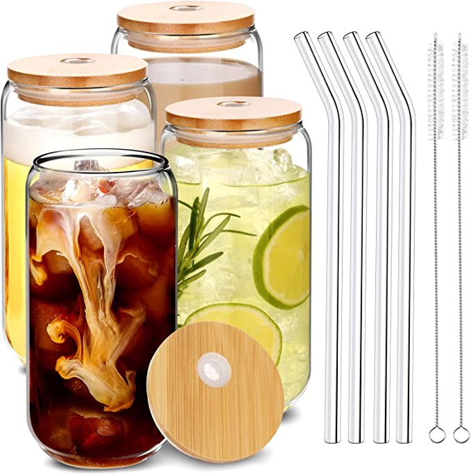 Drinking Glasses with Bamboo Lids and Glass Straw 4pcs Set - 16oz Can Shaped Glass Cups, Iced Cof... | Amazon (US)