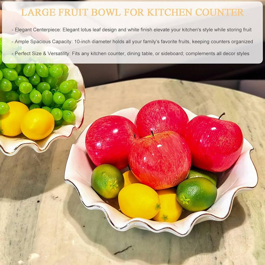 10 Inch White Ceramic Decorative Bowl - Ruffle Lotus Design with Gold Trim, Large Fruit Bowl for ... | Amazon (US)