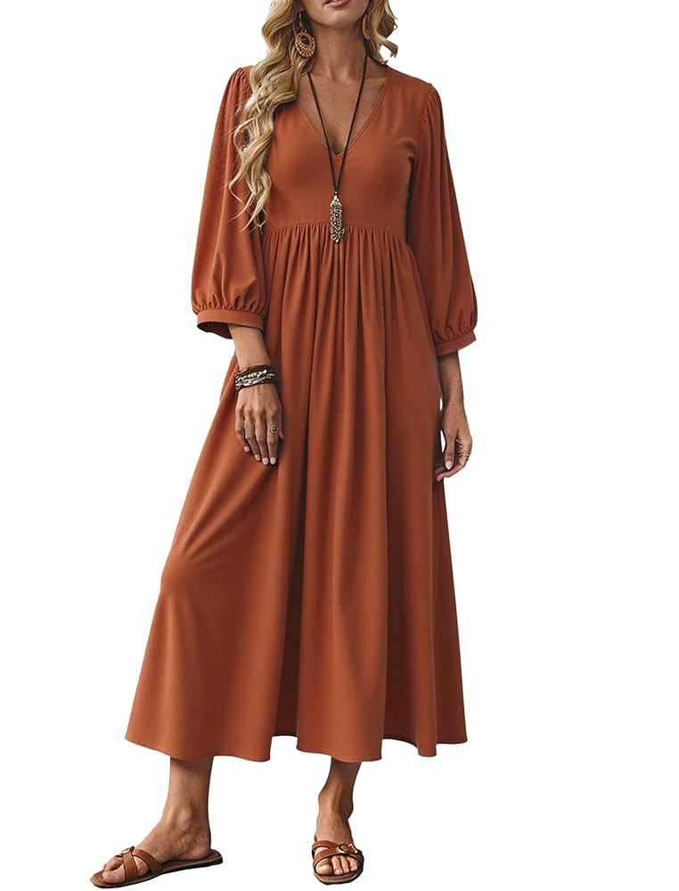 Celmia Autumn Solid Loose Long Maxi Dress Cotton Caftan | Amazon (US)