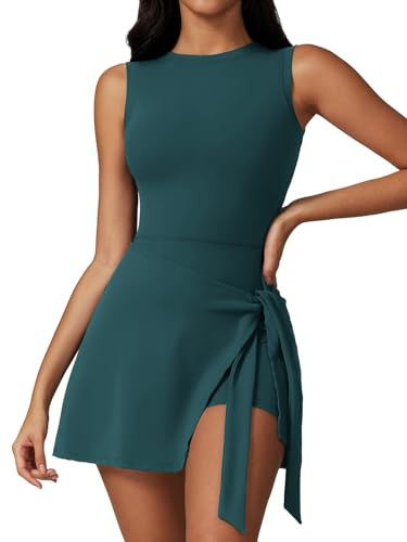 Dokuritu Tennis Dresses for Women Sleeveless Crew Neck Knot Romper Built in Shorts U-Shaped Back ... | Amazon (US)