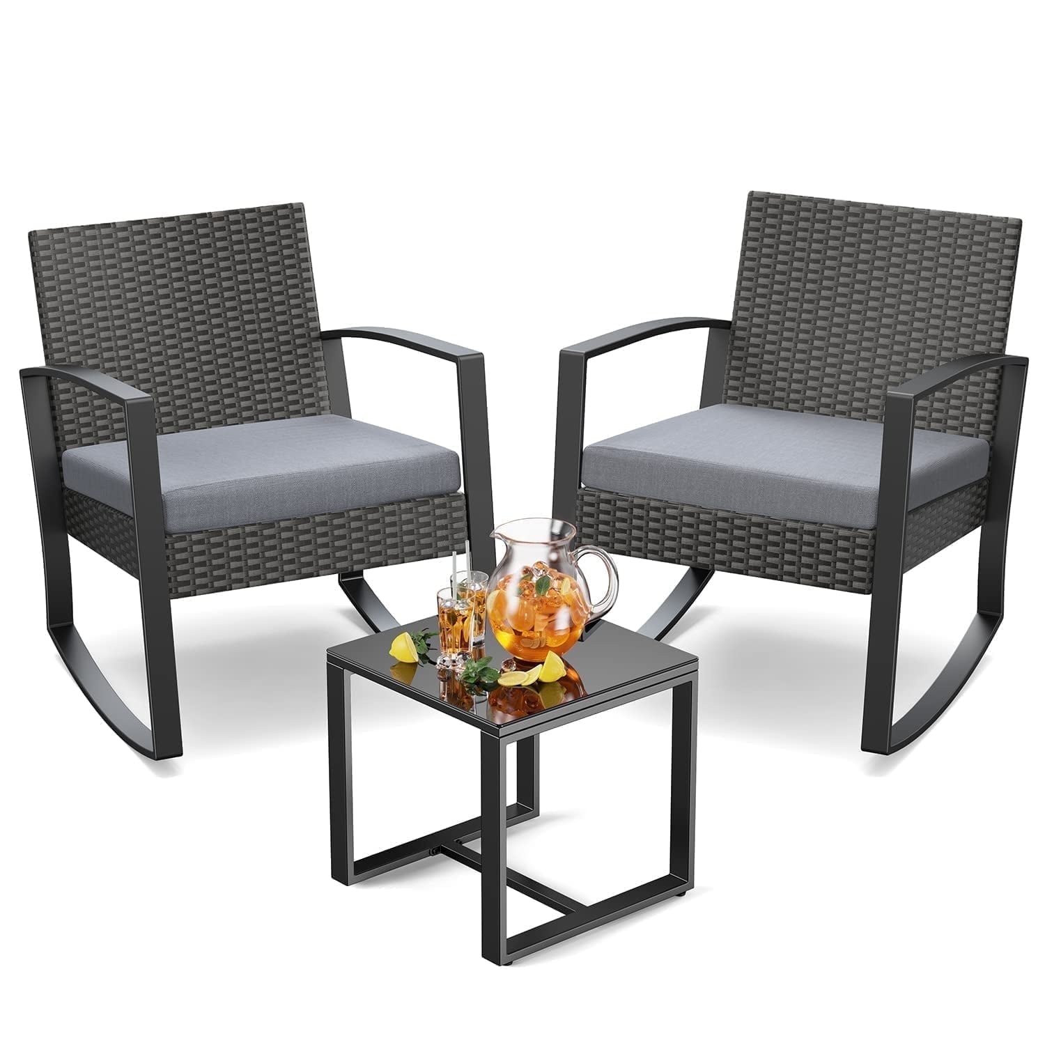 Noelse 3 Piece Patio Furniture Set, Wicker Rocking Chair Set with Table and Cushions for Patio,Ba... | Walmart (US)