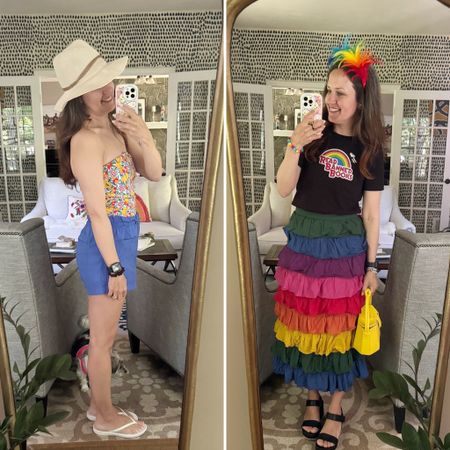 Yesterday’s outfits on a warm day! Pride event and hanging by the pool. Summer styles. Older Farm Rio skirt, found a few on Poshmark

#LTKOver40 #LTKSeasonal