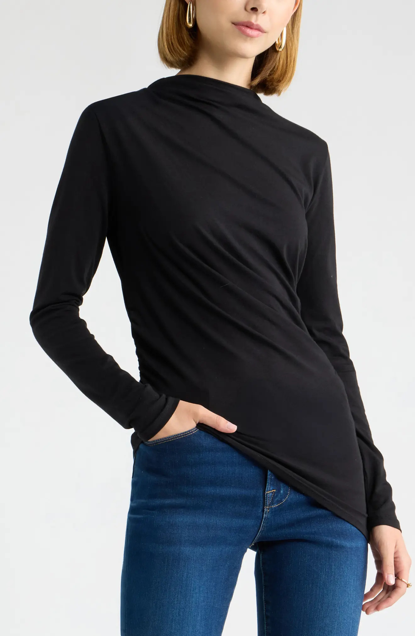 Open Edit Ruched Asymmetrical Mock Neck Top in Black at Nordstrom, Size Medium | Nordstrom