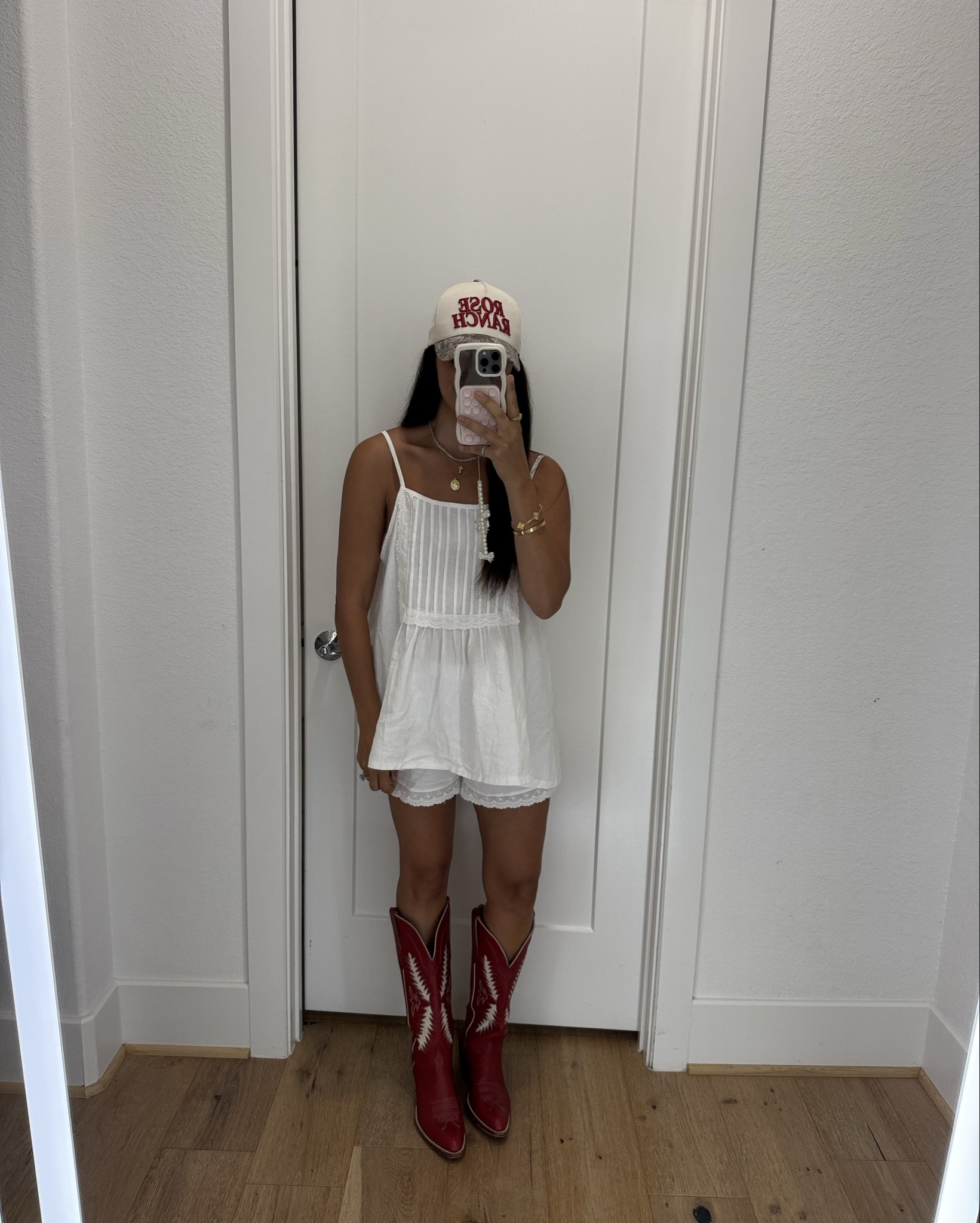 White set: medium
Striped set: medium
Green set: medium but a little short wo trying out a large to see if I like better
Scalloped set: medium
Sweater set: mediumm