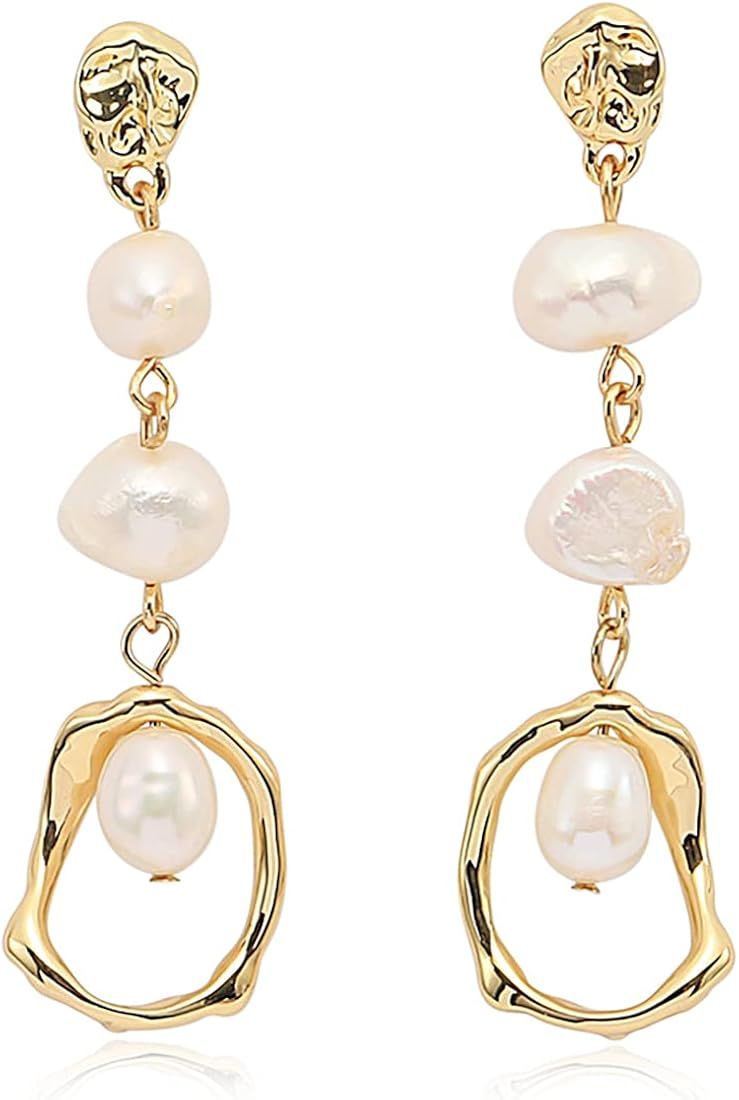 Baroque Long Pearl Earrings Dangle for Women 14k Gold Plated S925 Teardrop Modern Earrings Stud J... | Amazon (US)