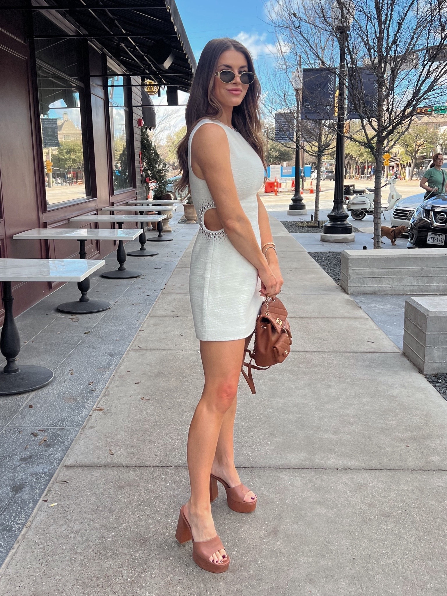 brown dress and white heels CHARLOTTE Strapless Satin Mini Dress main image 1