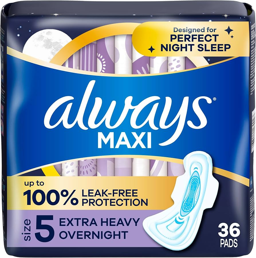 Always Maxi Overnight Pads with Wings for Women, Size 5, Extra Heavy Overnight Absorbency, Unscen... | Amazon (US)