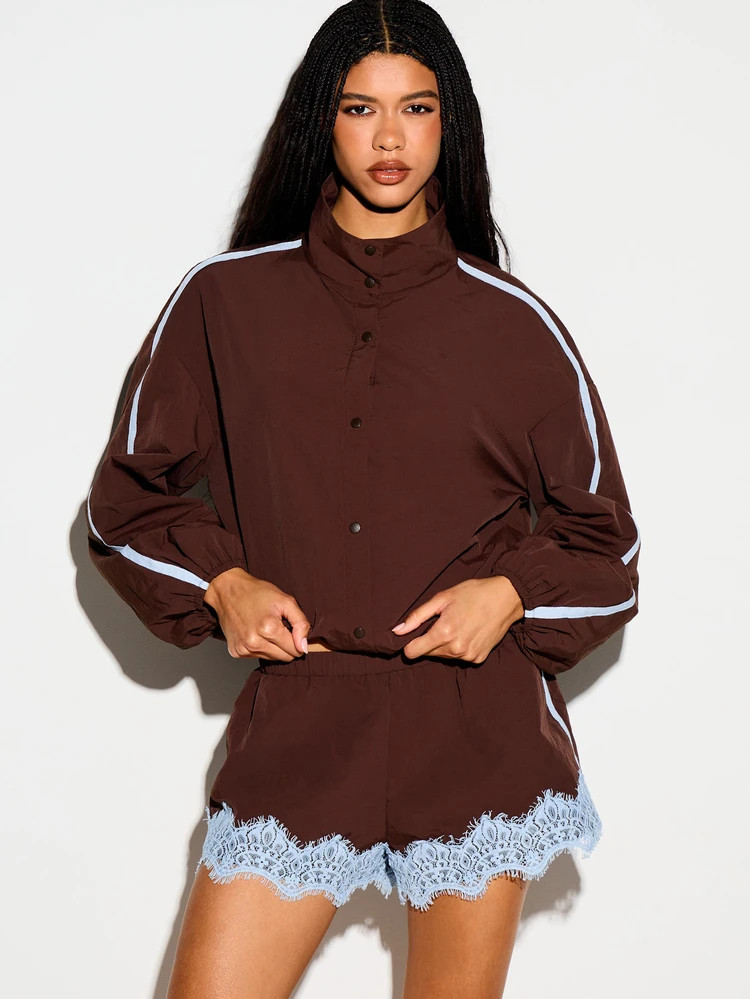 KIZN Oversized Side Stripe Windbreaker Jacket With Stand Collar Snap Button Closure And Elastic H... | SHEIN