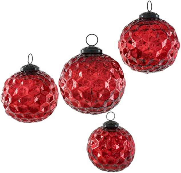 Serene Spaces Living Set of 4 Red Diamond Dimple Glass Ball Ornaments for Christmas Tree, Holiday... | Amazon (US)