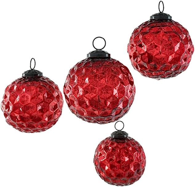 Serene Spaces Living Set of 4 Red Diamond Dimple Glass Ball Ornaments for Christmas Tree, Holiday... | Amazon (US)
