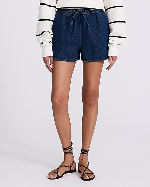 High Waisted Dark Wash Pull On Jean Shorts | Express