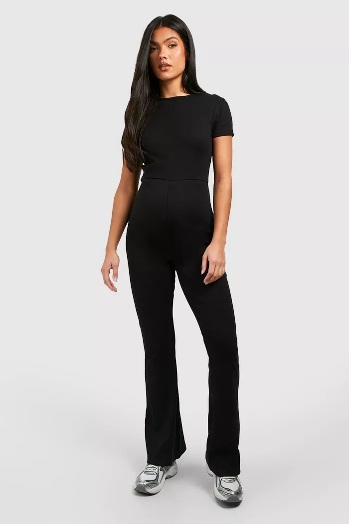 Maternity Cotton Rib Short Sleeve Flared Jumpsuit | boohoo (US & Canada)