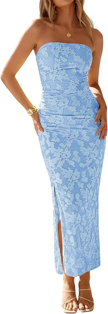 ZESICA Womens 2026 Summer Floral Strapless Maxi Dress Bodycon Side Slit Mesh Formal Cocktail Part... | Amazon (US)