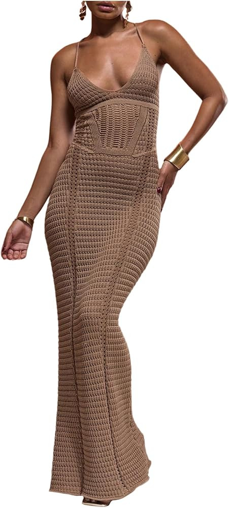 GORGLITTER Women's Crochet Knit Maxi Dress Lace Up Bodycon Beach Cover up Dresses | Amazon (US)