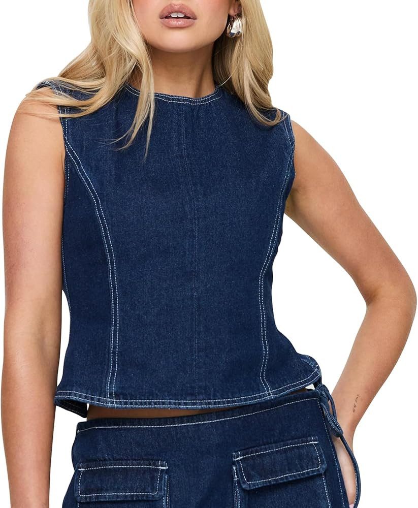 Women Denim Sleeveless Tank Tops Backless Tie Up Back Crew Neck Fitted Vest Summer Fashion Party ... | Amazon (US)