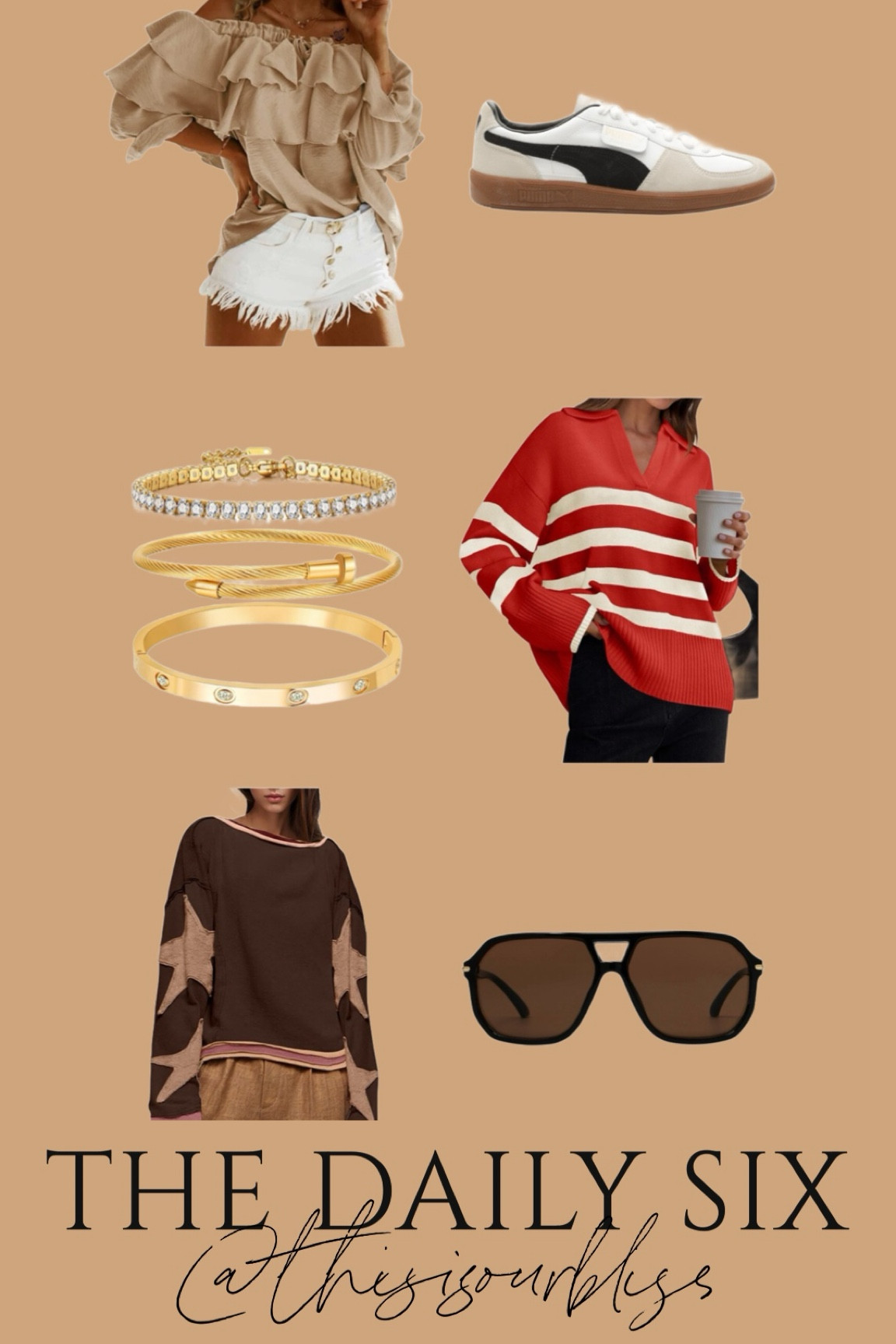 The daily six! Today’s daily finds! 🖤

• Cute ruffle date night top for fall - comes in lots of colors! 
• love those neutral sneakers🤎
• set of 3 bracelets (designer look for less)
• red striped sweater - Amazon find!❤️
• star sweater - free people look alike 🌟
• target sunglasses - only $17 🕶️

#LTKFindsUnder50 #LTKSaleAlert #LTKStyleTip
