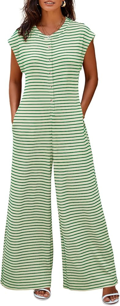 Cicy Bell Womens Casual Striped Jumpsuits Summer Cap Sleeve Wide Leg Jumper Romper Button Down Tr... | Amazon (US)