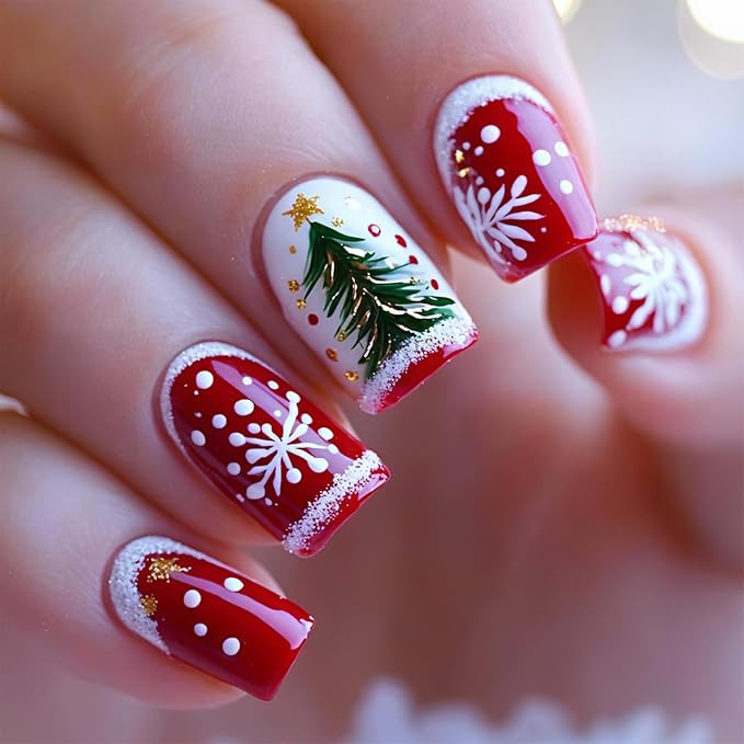 Red Christmas Press on Nails Short Square Fake Nails Xmas Tree False Nails with White Snowflakes ... | Amazon (US)