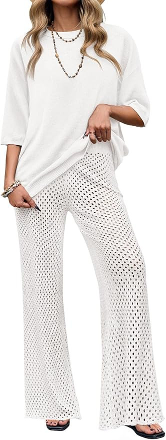 Tankaneo Women's Summer 2 Piece Swimsuit Cover up 3/4 Sleeve Tops and Flare Pant Set Bathing Suit... | Amazon (US)