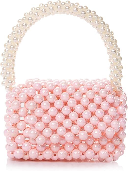 Women Pink Pearl Beaded Clutch Box Handle Bag Evening HandBag for Wedding Party | Amazon (US)