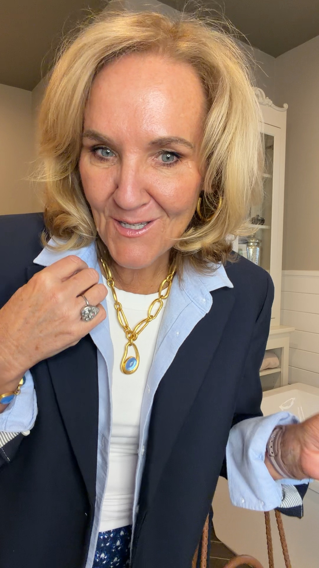 Blazer size 10 petite 
Oxford runs roomie size medium 
Pants size 8 petite 
Shoes tts 
Julie Vos blue chalcedony is my favorite stone  

#LTKSaleAlert #LTKOver40 #LTKootd